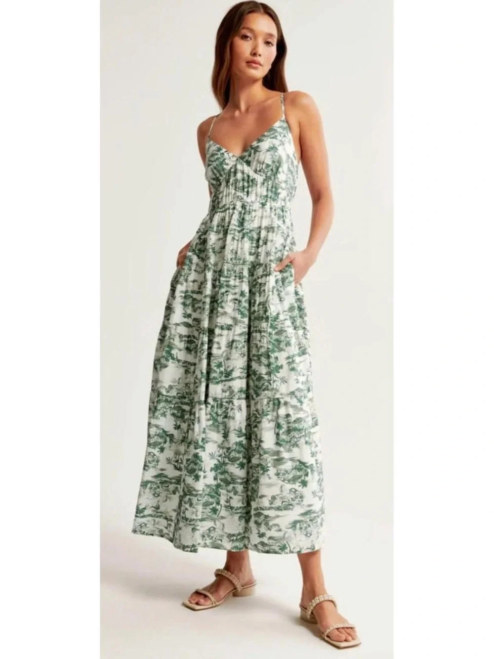 Abercrombie and Fitch A&F Green Toile Print Maxi Dress with Tie Straps